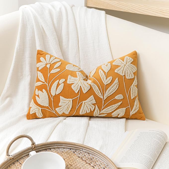 BlissBlush Fall Throw Pillow Cover 12x20, Yellow Mustard Soft Velvet Floral Decorative Lumbar Accent Throw Pillowcase, Tufted Farmhouse Textured Pillowcase for Couch Sofa Bed Living Room Home Décor