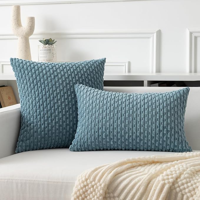 Kevin Textile 12x20 Inch Pillow Cover 1 Pack Boho Decorative Soft Striped Corduroy Lumbar Farmhouse Solid Color Accent Rectangle Cushion Case for Living Room Couch Sofa Bed, Blue Grey