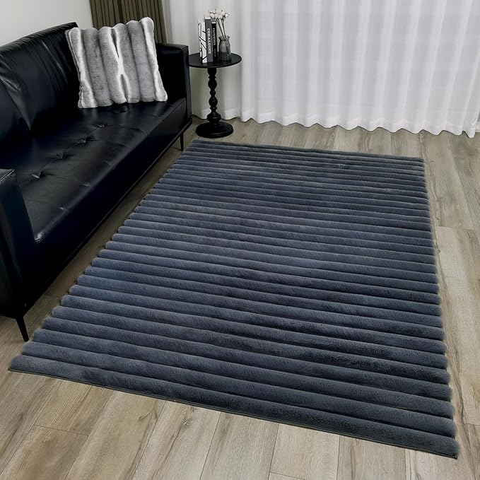 GLORY RUGS Area Rugs Striped Soft Faux Rabbit Fur Rug 5x7 Becky Gray Plush Carpet Shag Cozy Fluffy Rug Non Slip Rugs, Machine Washable Shaggy Area Rug Bedroom Living Room and Dining Room.