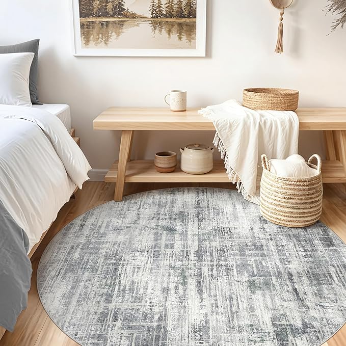 6ft Round Area Rug for Living Room: 6x6 Washable Neutral Abstract Modern Soft Rugs Non Slip Indoor Floor Stain Resistant Carpet for Bedroom Dining Room Office Nursery - Gray