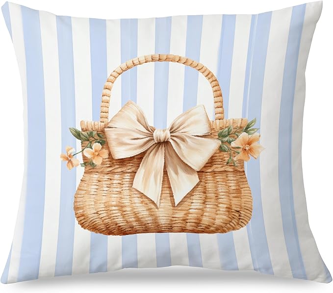 Coastal Beach Basket Pillow Covers 18x18, Preppy Beach Room Decor, Coquette Bow Floral Basket Blue White Striped Throw Pillow Covers for Girls Bedroom Dorm Home