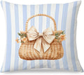 Coastal Beach Basket Pillow Covers 18x18, Preppy Beach Room Decor, Coquette Bow Floral Basket Blue White Striped Throw Pillow Covers for Girls Bedroom Dorm Home