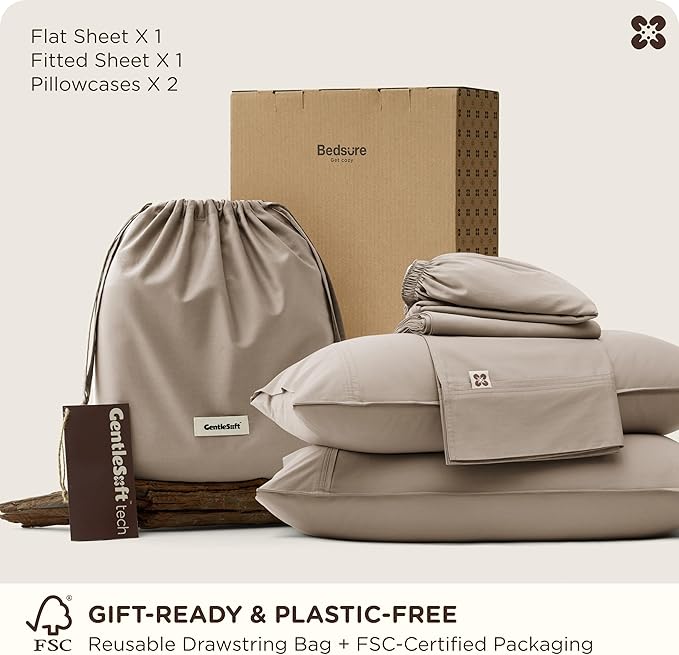 Bedsure Cooling Sheets, Rayon Derived from Bamboo & Cotton Blend, GentleSoft, Breathable, Queen Sheet Set, Deep Pocket Up to 18 Inches, Hotel Luxury Bedding for Hot Sleepers, Simply Taupe
