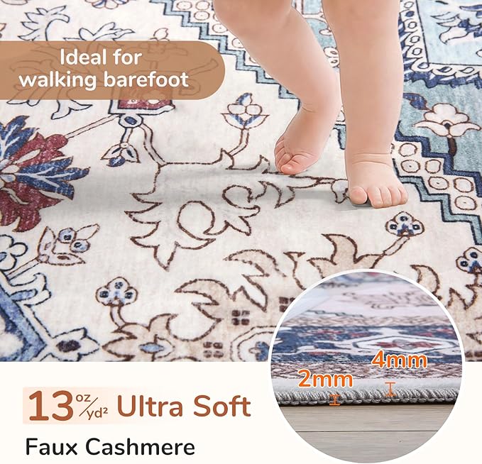 OPPODREAM Thin Entryway Rug 2x8, 2x8 Rug Runner, Washable Hallways Carpet 2 x 8 with Non Slip Backing, Low-Pile Bedside Carpet 2 x 8, Long, Faux Cashmere, Navy Blue & Red & Cream