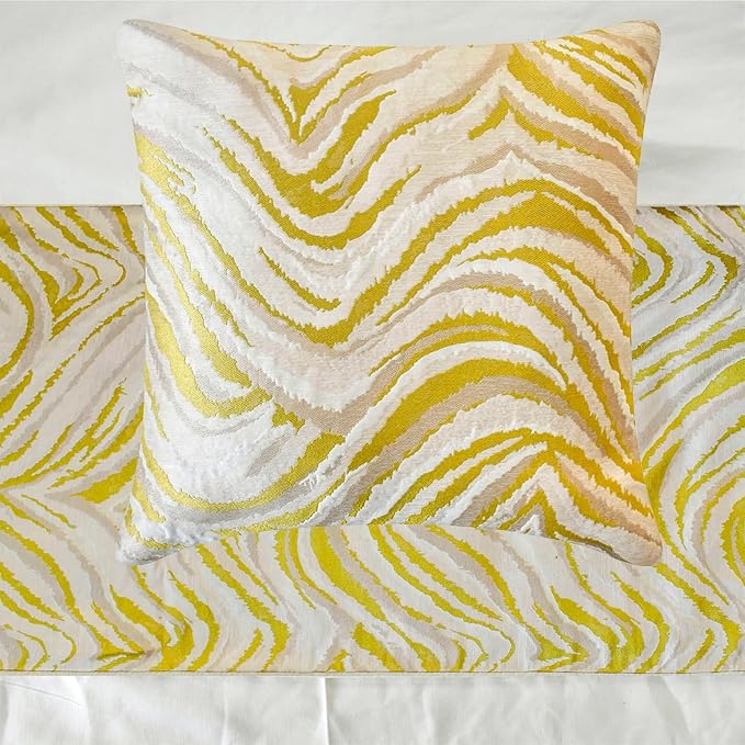 The HomeCentric King/Queen/Twin Yellow & Grey Decorative Bed Runner Queen 74"x18" Bed Runner with Two Pillow Cover, Abstract Wave Pattern Bed Scarf on Jacquard Fabric - Yellow Whirls