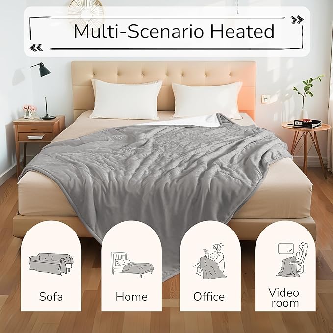 Electric Heated Blanket 72"x84" Full Size - Dual-Sided with Microplush & Sherpa Fabric, 4 Heat Settings & 10 Hours Auto Off, Machine Washable - Light Gray
