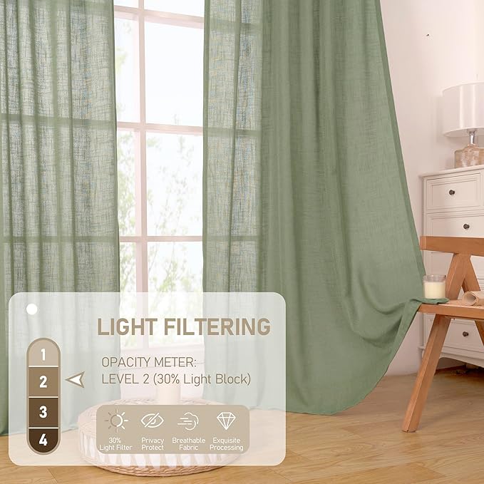 LAMIT Sage Green Linen Curtains 30 Inch Length, Semi Sheer Light Filtering Window Panels Back Tab and Rod Pocket Drapes for Kitchen/Basement/Small Windows, 25 x 30 Inch, 2 Panels