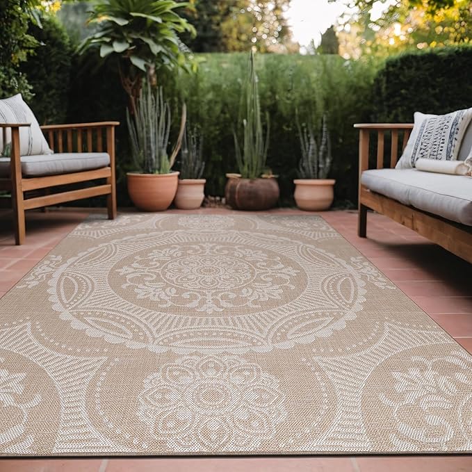 Medallion Outdoor Rug 10x14 Washable Outside Carpet for Indoor Patio Porch Waterproof Easy Cleaning Non Shedding Area Rugs Beige 10 x 14