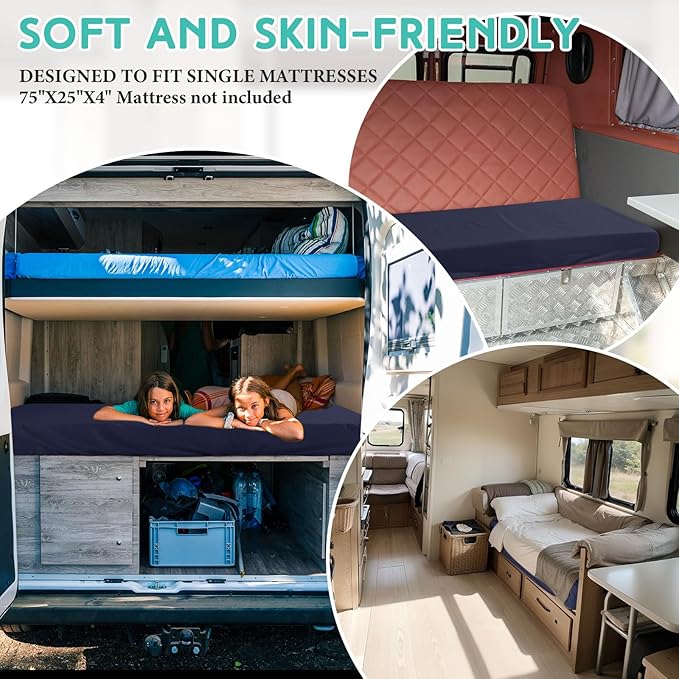 Breling Fitted Sheet (Sheet Only) Compatible with Milliard Trifold Mattress Folding Mattress Fitted Microfiber Bedsheet for Camp Bunk Rvs Bed(Queen,4'',Navy Blue)