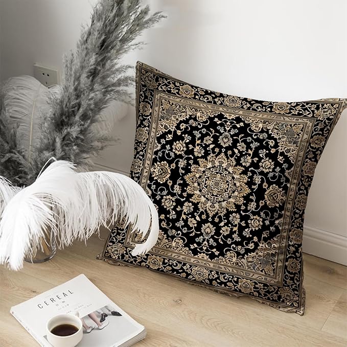 Vintage Boho Floral Print Throw Pillow Cover 18x18 - Brown, Black - Retro Rust Floral Decor Pillowcase | Indoor Outdoor Cushion Case for Sofa Bed Living Room Bedroom Home (Beige&Black, 18x18inch)