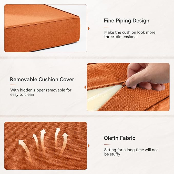 Luxury 6" Outdoor Cushions for Patio Furniture, 24x24x6" Thick Seat Cushion Set of 2, Fade Resistant Couch Chair Replacement Cushions High Density Deep Wicker Chair Cushion w/ Removable Cover, Orange