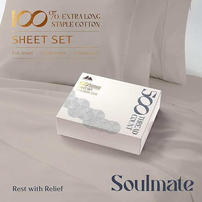 Mayfair Linen 500 Thread Count California King Cotton Sheets - 4 PC Cal King Size Bed Sheet Set Cotton (Taupe), Soft, Cooling, Sateen 16" Deep Pocket Bedsheet for Hot Sleepers (Fits 18" Mattress)