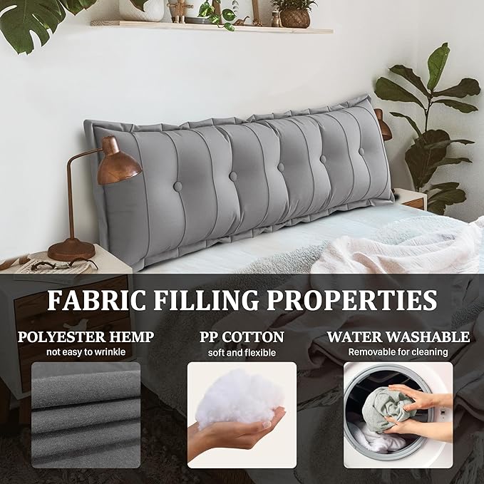Large Bolster Reading Pillow Full Backrest Positioning Support Pillow Daybed Cushion Headboard Pillows for Bed Bunk Sofa with Removable Cover, Grey, 54x3x20 Inch