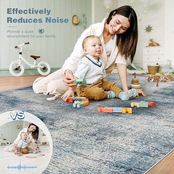 8x10 Area Rugs for Living Room: Washable Modern Abstract Rug Large Soft Non-Slip Rugs Indoor Low-Pile Carpet for Bedroom Dining Room Home Office (Blue, 8'x10')