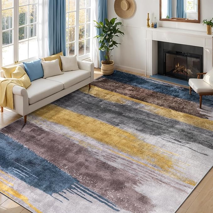 Ciicool Modern Abstract Yellow Grey Rug for Living Room, 9'x12' Machine Washable Area Rug Non-Slip Rug, Low-Pile Contemporary Indoor Dining Floor Carpet for Bedroom Office Under Table Home Decor
