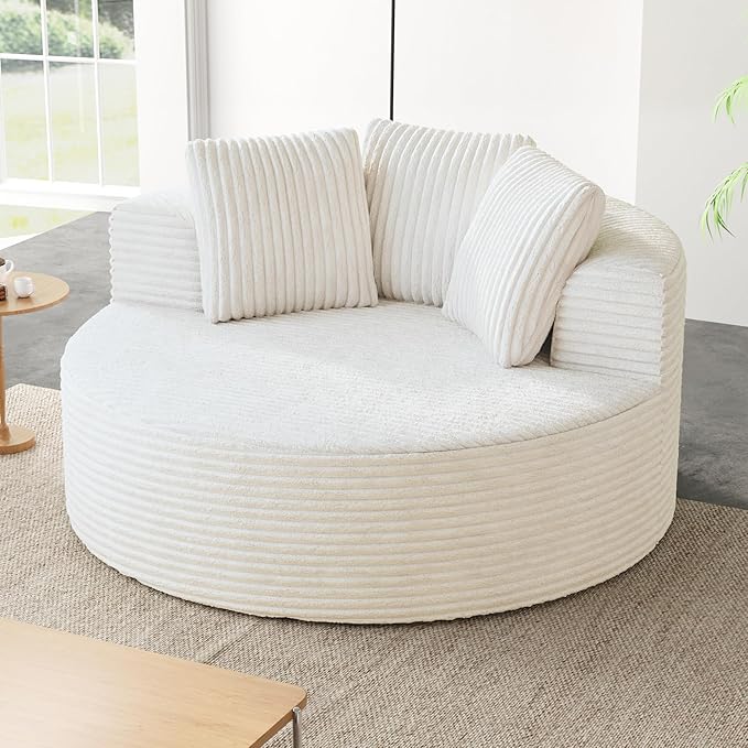 JACH Oversized Round Lazy Sofa Chair with Three Pillows, 50" Corduroy Deep Seat Single Sleeper Sofas, Upholstered Chaise, Cloud Couch for Living Room, Apartment, Beige