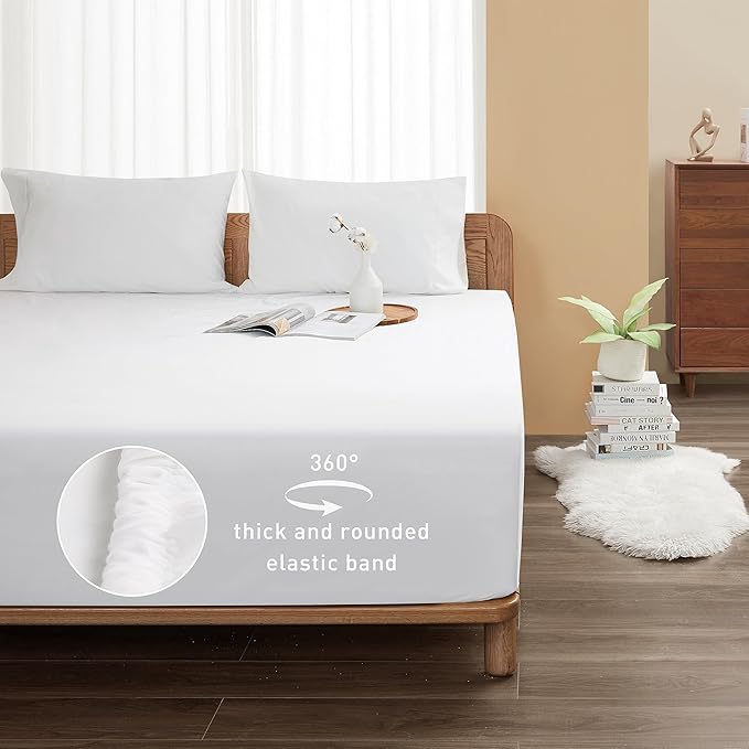Sunflower King Fitted Sheet, 1-Piece Deep Pocket Fitted Bottom Sheet 16", 100% Cotton Sateen Soft Breathable, White