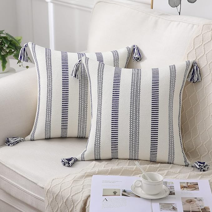 Smile Bee Boho Outdoor Couch Throw Pillow Covers Set of 2 Decorative Thick Woven Striped Accent Neutral Pillow Covers with Tassels for Bed Sofa Home Decor 20x20 Inch, Navy Blue and Cream White