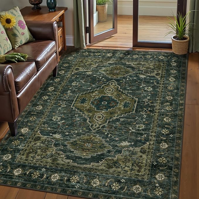 Tangsoo Washable Rug 4x6 Area Rug, Oriental Rug Indoor for Living Room, Non Slip Machine Washable Large Rugs, Soft Print Distressed Olive Green Carpet for Bedroom Dining Room Dorm Office