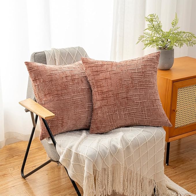 Decorative Throw Pillow Covers 18x18 Inch Set of 2, Soft Solid Farmhouse Chenille Couch Pillows, Spring Pillow Covers for Couch Sofa Bed Living Room Home Decor Pillowcase, Coral