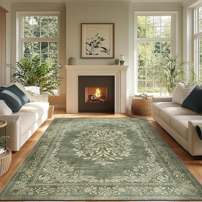 jinchan Green Floral 8x10 Area Rugs for Living Room - Machine Washable Vintage Distressed Design Soft Throw Rug Non-Slip Large Christmas Carpet for Bedroom Nursery Home Office (8x10ft, Dark Green)