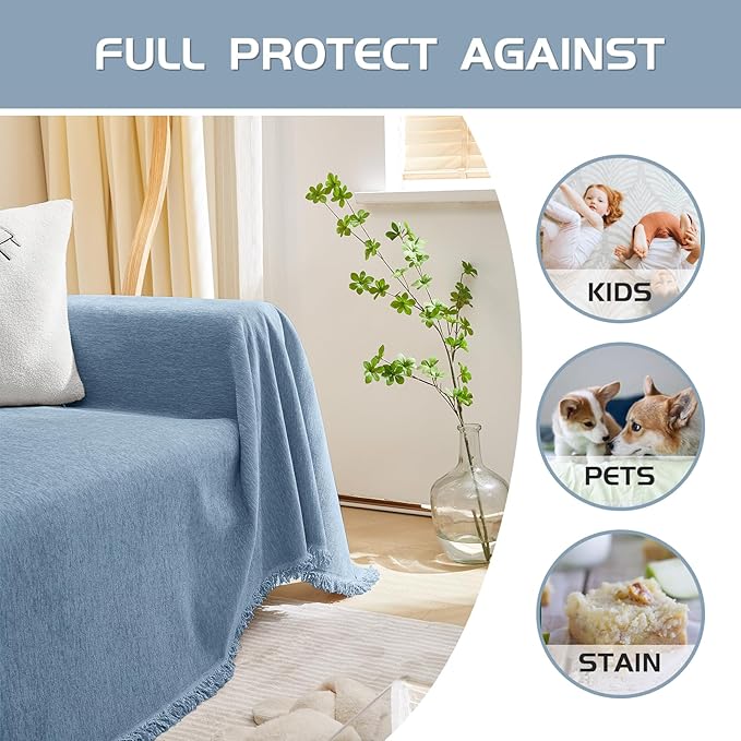 MEETSKY Sofa Slipcover Sofa Covers for 3 Cushion Couch Cover for L Shaped Sectional Sofa Covers Couch Protector Thick Chenille Fabric Washable, Modern Sofa Towel for Living Room, 91" x 134", Blue