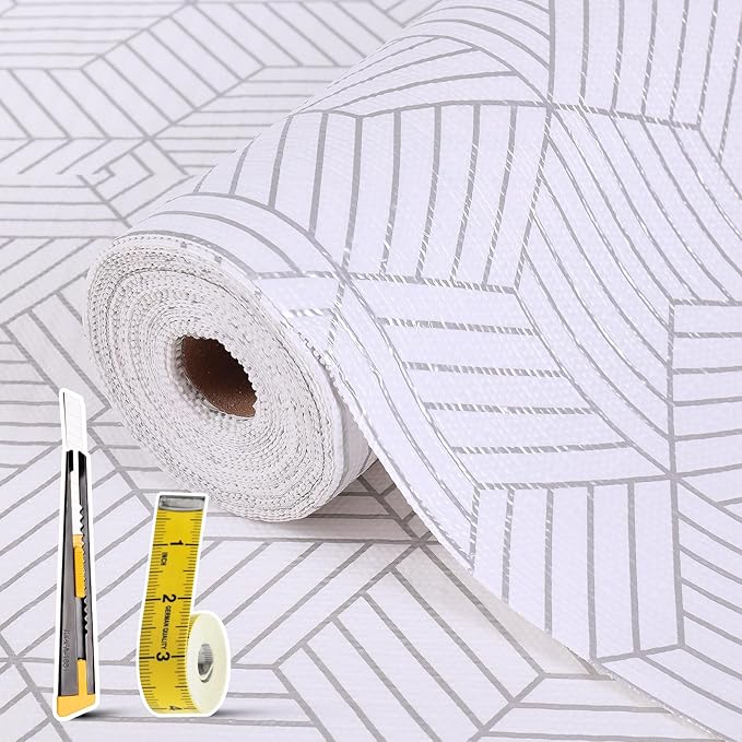 Shelf Liners for Kitchen Cabinets Non Adhesive Shelf Liner Paper Non-Slip Thickened Drawer Liner Easy to Clean for Tool Box Refrigerator with Knife and Tape Measure, Silver Geometric, 11.8 x 354.3 in