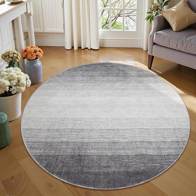 Wonnitar Modern Ombre Round Rug 4ft, Washable Grey Round Kitchen Area Rug Non-Slip Soft Circle Entry Throw Mat, Contemporary Non-Shedding Low Pile Carpet for Bedroom Laundry Bathroom (Grey, Round 4ft)