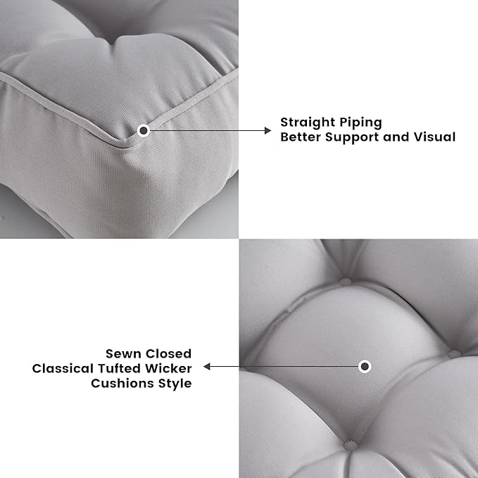 ARTPLAN Outdoor Seat Cushion,Square Thick Tufted Pure Chair Cushion for Patio Wicker Chair with Tie,Set of 2,19"x19"x5"，Grey