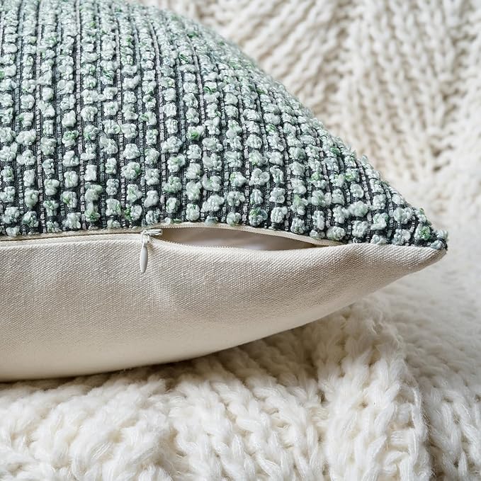 Striped Throw Pillow Covers 22x22 Set of 2 Green Textured Boucle Chic Morden Boho Accent Farmhouse Square Decorative Couch Pillow Covers for Home Decor Bed Sofa Living Room