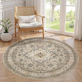 5ft Round Vintage Living Room Area Rug - 5x5 Large Soft Washable Oriental Traditional Distressed Farmhouse Rugs for Bedroom - Indoor Floor Accent Carpet for Home Office House Decor - Beige
