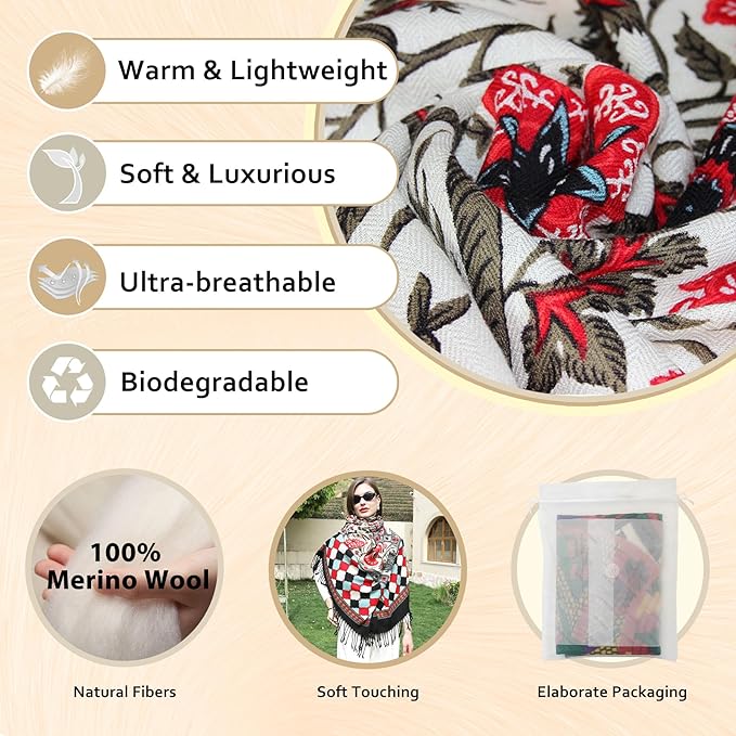 DANA XU 100% Merino Wool Pashmina Shawl for Women 96"x43", Oversized Cashmere Wrap with Tassels, Floral Travel Blanket Cape