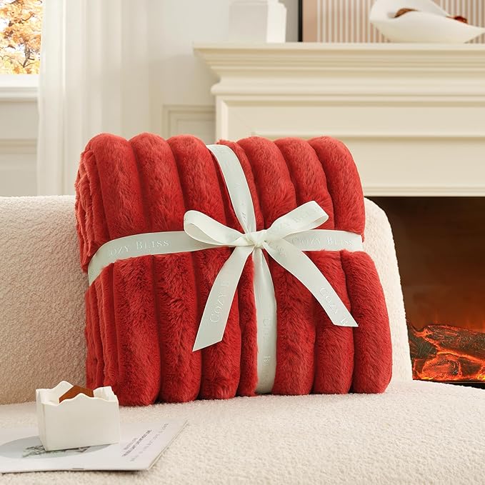 Cozy Bliss Faux Fur Throw Blanket for Couch, Cozy Warm Plush Striped Blanket for Sofa Bedroom Living Room, 50 * 60 Inches Cardinal Red