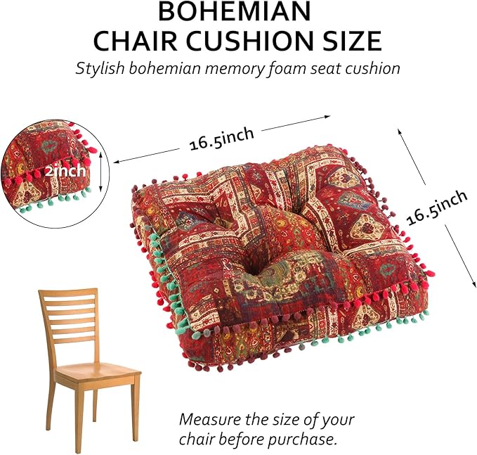 Bohemian Seat Cushion，Indoor & Outdoor 16.5" x 16.5" Seating Cushion for Dinning Chairs, Decorative with Tassels(4Pcs, Red)