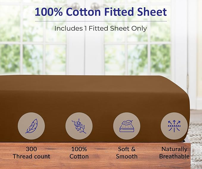 ROYALE LINENS 300 Thread Count 100% Long Staple Combed Cotton Fitted Sheet California King - Super Soft Deep Pocket Bottom Sheet - Fitted Sheets Only - Elastic Sheets (Cal King, Chocolate)