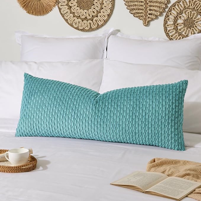 Kevin Textile 20x54 Inch Long Body Lumbar 1 Pack Boho Decorative Throw Pillow Cover Soft Striped Corduroy Rectangle Cushion Case Farmhouse Accent for Living Room Couch Sofa Bed, Aqua Green