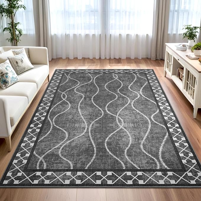 5x7 Area Rugs for Living Room, Machine Washable Rugs, Non-Slip Low Pile Indoor Floor Rugs, Large Modern Carpet for Bedroom Entryway Classroom Playroom Dining Room Home Decor, Dark Grey
