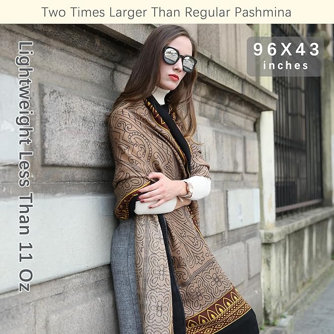 DANA XU 100% Merino Wool Pashmina Shawl for Women 96"x43", Oversized Cashmere Wrap with Tassels, Floral Travel Blanket Cape