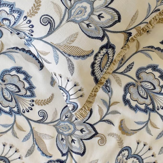 The HomeCentric King/Queen/Twin Blue Designer Queen 74"x18" Bed Runner with 2 Pillow Cover, Floral, Embroidered, Jute Lace & Lace Bed Scarf on Cotton Fabric - Morning Glories