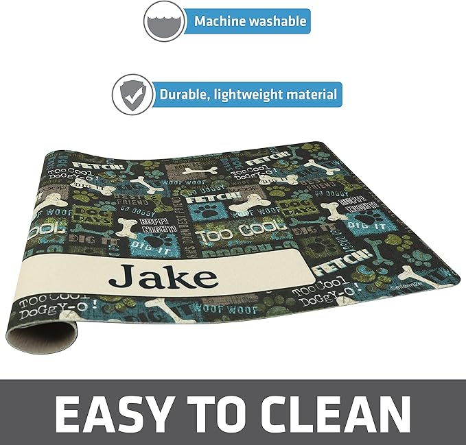 Drymate Personalized Pet Bowl Placemat, Custom Dog & Cat Food Feeding Mat - Absorbent Fabric, Waterproof Backing - Machine Washable/Durable (USA Made) (12" x 20") (Best Friend Green)