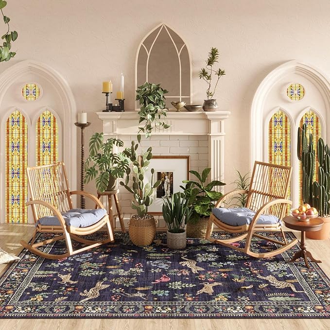 Rugcomf Area Rugs 8x10 Rug for Living Room Clearance Washable Boho Area Rug Non Slip Floral Animal Vintage Low Pile Large Rug for Living Room, Bedroom, Farmhouse, Dining Room, Kids Playroom (Blue)