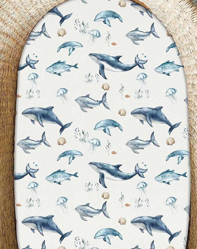 Bassinet Sheets for Baby Girls Boys 2 Pack, Fitted Baby Mattress Sheet for Rectangle, Oval, Hourglass Bassinet Mattress, Breathable Cozy & Universal Fit (Turtle & Shark)
