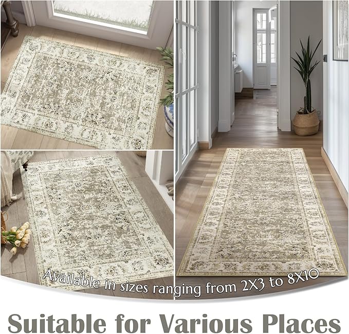jinchan Fiora Washable Area Rug 3x5 Entryway Rug - Distressed Vintage Floral Ultra-Thin Low-Pile Soft Non-Shedding Indoor Floor Carpet for Kitchen Bedroom Entrance Laundry Living Room(3x5ft, Taupe)