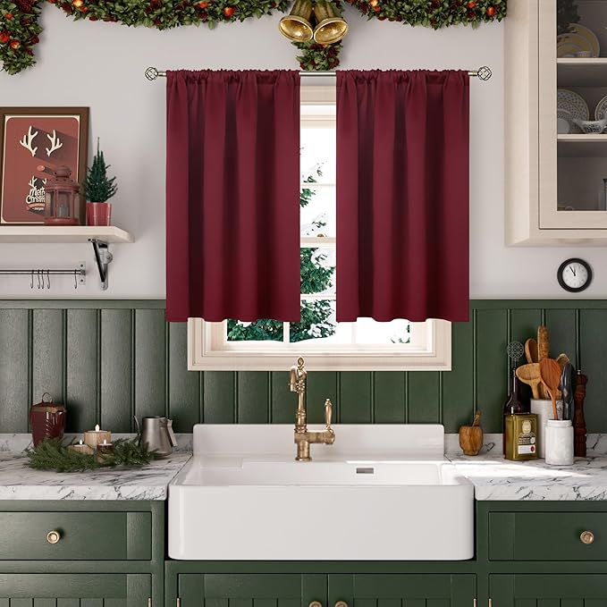 BGment Short Burgundy Blackout Curtains 40 Inches Length - Rod Pocket Thermal Insulated Room Darkening Window Drapes for Bedroom Kitchen Bathroom, 42 x 40 Inch, 2 Panels