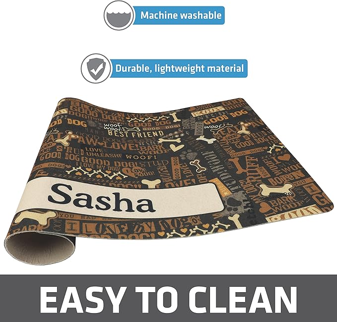 Drymate Personalized Pet Bowl Placemat, Custom Dog & Cat Food Feeding Mat - Absorbent Fabric, Waterproof Backing - Machine Washable/Durable (USA Made) (12" x 20") (Best Friend Brown)
