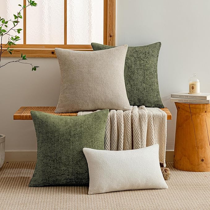 a moment Olive Green Chenille Throw Pillow Covers 18x18 Inch Pack of 2 Modern Decorative Throw Pillow Covers Farmhouse Cross Covers Home Decor for Sofa Bedroom Living Room