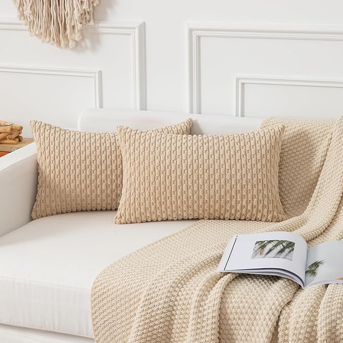 Kevin Textile 12x24 Inch Pillow Cover 1 Pack Boho Decorative Soft Striped Corduroy Lumbar Farmhouse Solid Color Accent Rectangle Cushion Case for Living Room Couch Sofa Bed, Beige