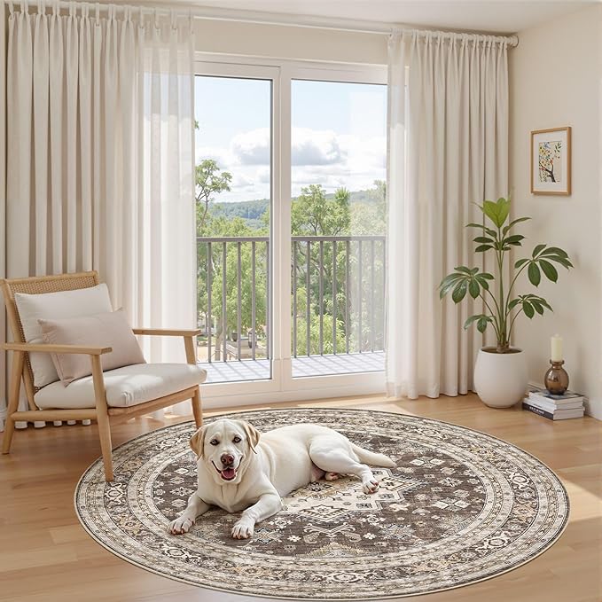 5ft Round Vintage Living Room Area Rug - 5x5 Large Soft Washable Oriental Traditional Distressed Farmhouse Rugs for Bedroom - Indoor Floor Accent Carpet for Home Office House Decor - Dark Brown