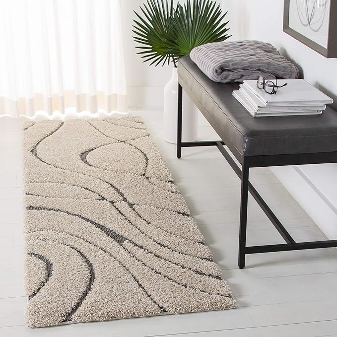 SAFAVIEH Florida Shag Collection Area Rug - 2'3" x 19' Runner, Cream & Grey, Non-Shedding & Easy Cleaning, Plush Thick Pile, Ideal for Living Room, Bedroom, Dining Space (SG471-1180)