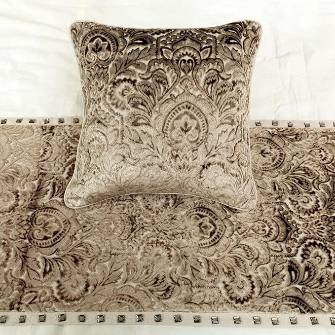 The HomeCentric King/Queen/Twin Beige Decorative Full 68"x18" Bed Runner with Pillow Cover, Velvet Damask & Crystal Border Bed Scarf on Velvet Fabric - Henriretta